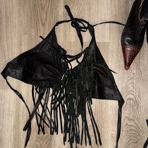 Black Fringe leather Halter Top